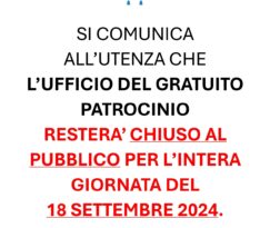 COA ROMA: 18/09/2024 CHIUSURA UFFICIO GRATUITO PATROCINIO